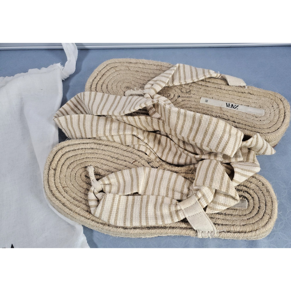 ZARA Striped Espadrille Sandals Women Size 7.5 Lace Up Ankle Tie Flat Jute Boho - Picture 4 of 14